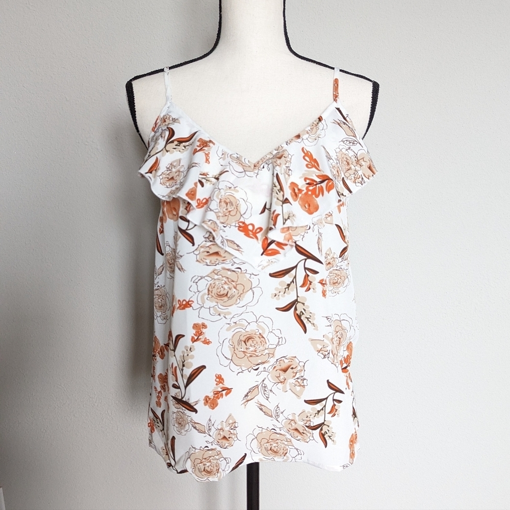 White orange and tan floral ruffle trim v-neck tank top size M